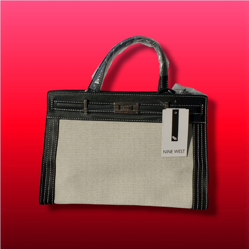Nine West Sadie Jet Set Satchel Purse Handbag Shoulderbag Black and Off-white